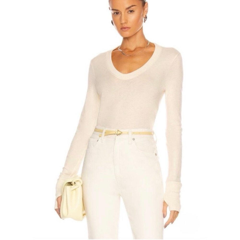 ENZA COSTA Cashmere Cotton Easy Cuffed U Neck Long Sleeve Top Womens Small Cream